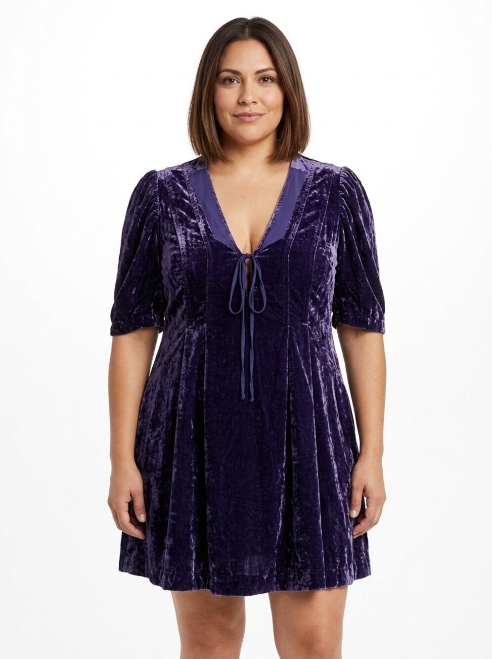 Free People Metal Purple Velvet Puff Sleeve V-Neck Mini Dress Women Size XL